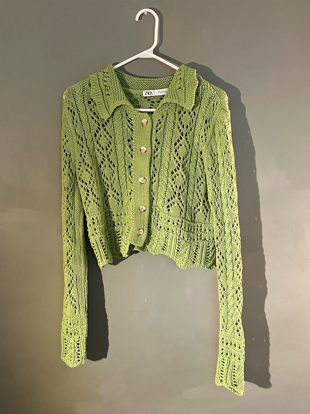 Zara Open Knit Cropped Cardigan in Green Size Medium